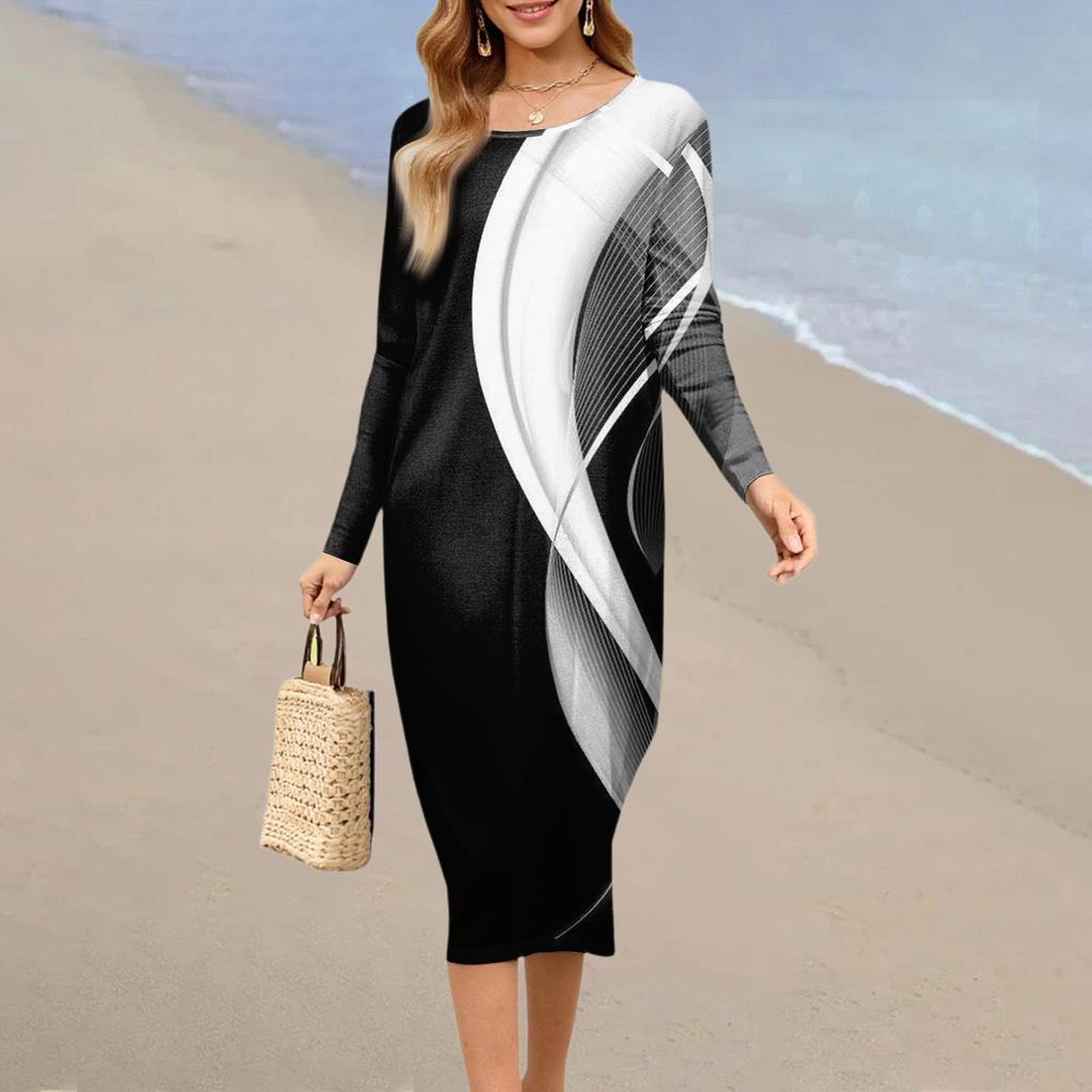 Women's Fashion Casual Long Sleeve Retro Print Round Neck Pocket Elegant Temperament Dress