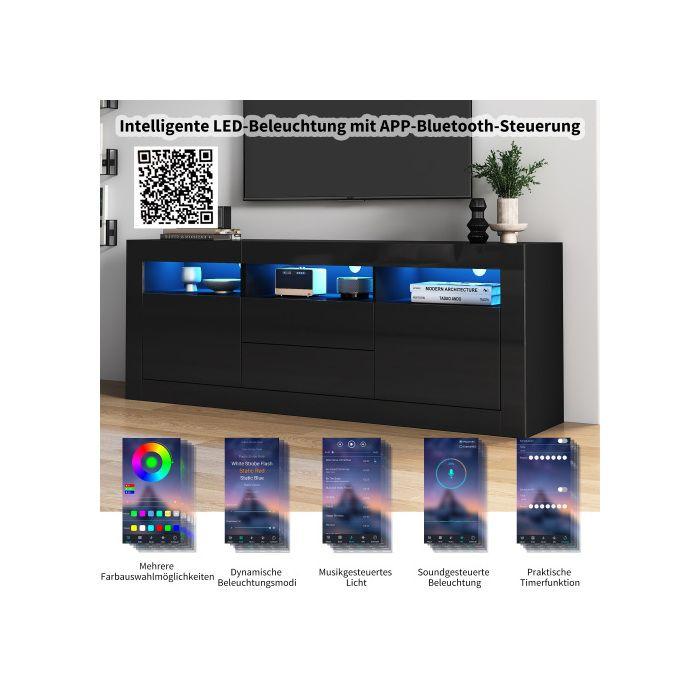 TV Stand - MUVOE - 160x35x60cm - Glossy - LED Lighting - 3 Open Compartments
