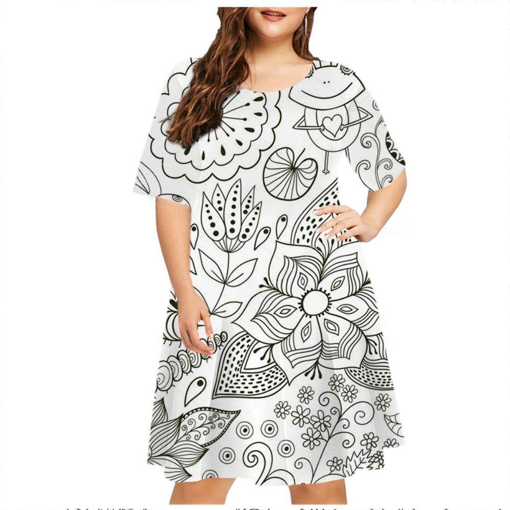 Casual Dress Summer Retro Flower Printed Loose Dress Women's Painting Short Sleeve Round Neck Mini Dress Women's Dress
