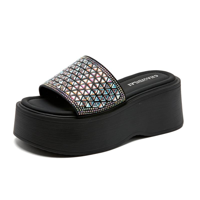 Leather Wedge Slippers Women's Summer 2025 New Outer Wear Women's One-word Fashion Casual Platform Slippers