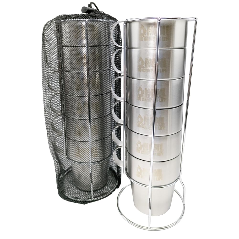 

NCNL CAMP NO Stainless Steel Mugs Perfect for Solo Outdoor Camping Includes Stand and Mesh Bag of (NO LIFE) Set, Simple, Compact, Lightweight,