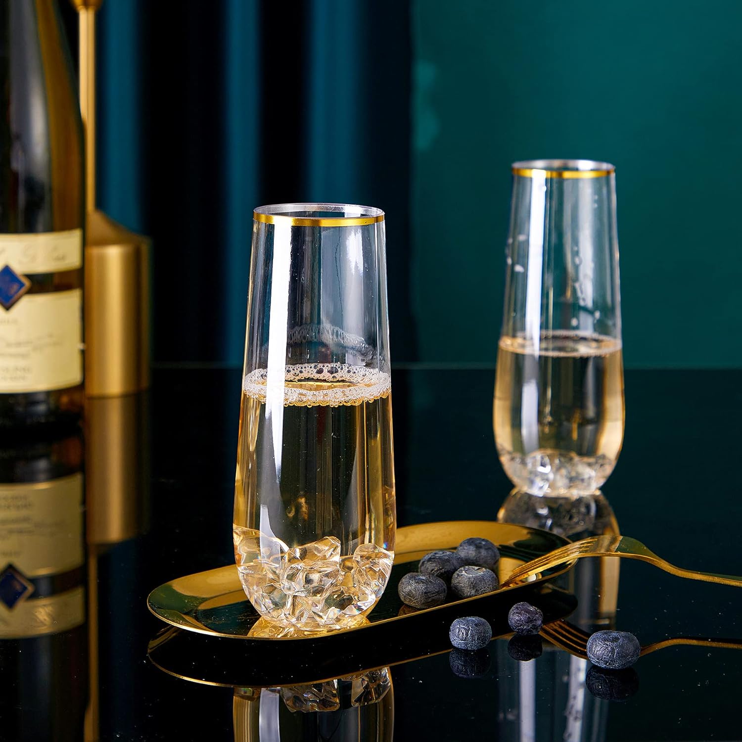 N9R 12PCS Plastic Champagne Flutes, 9 oz Stemless Disposable Gold Rim Toasting Glasses, Crystal Clear Cocktail Cups Drinkware Shatterproof Ideal for