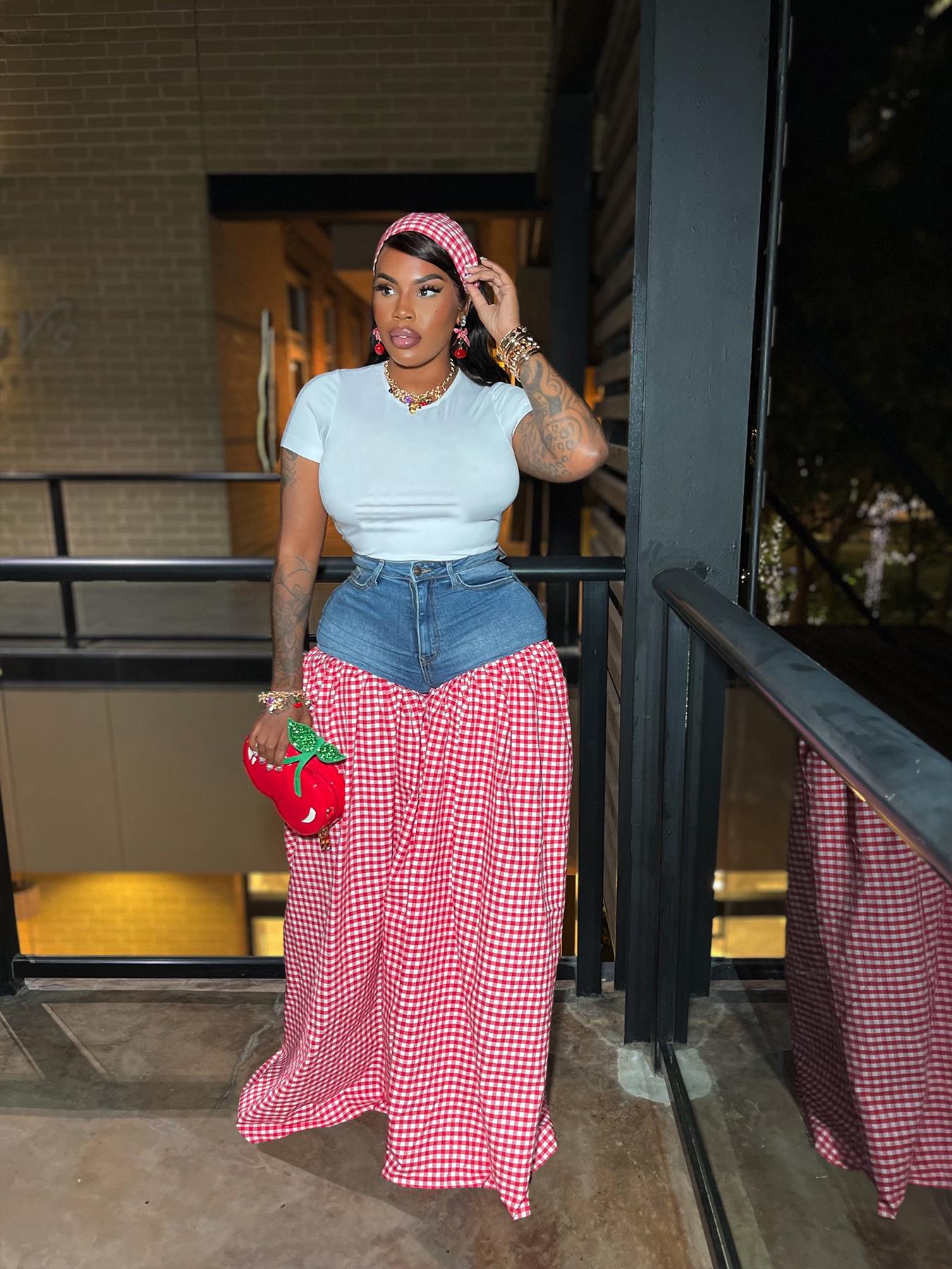 TW737 Women s Striped Denim Plaid High-Waisted Wide-Leg Pants Extra Large