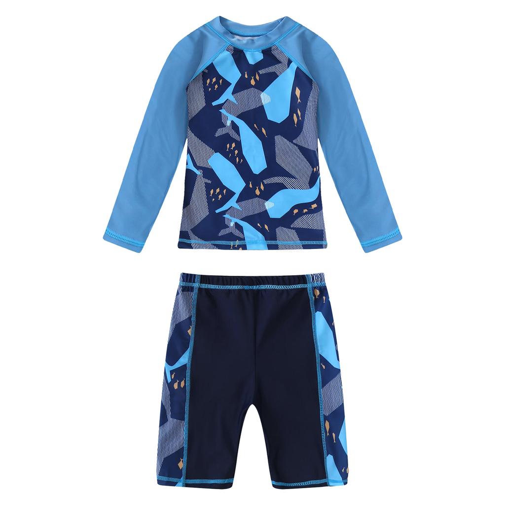 Jungen Zweiteiliges Schwimmset Langarm Cartoon Hai Print Oberteil Badeshorts Wellen Design Strand Badeanzug