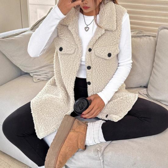 Women's Fuzzy Fleece Vest Casual Oversized Sleeveless Sherpa Jacket Button Down Fluffy Vest for Fall Winter
