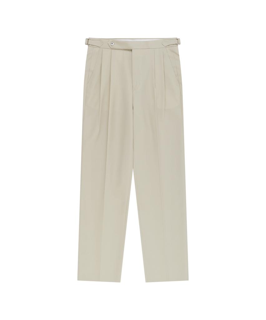 BELLIEF Essential Wool Gabardine Adjust Twill 2-Pleated Relaxed Trousers (Beige)