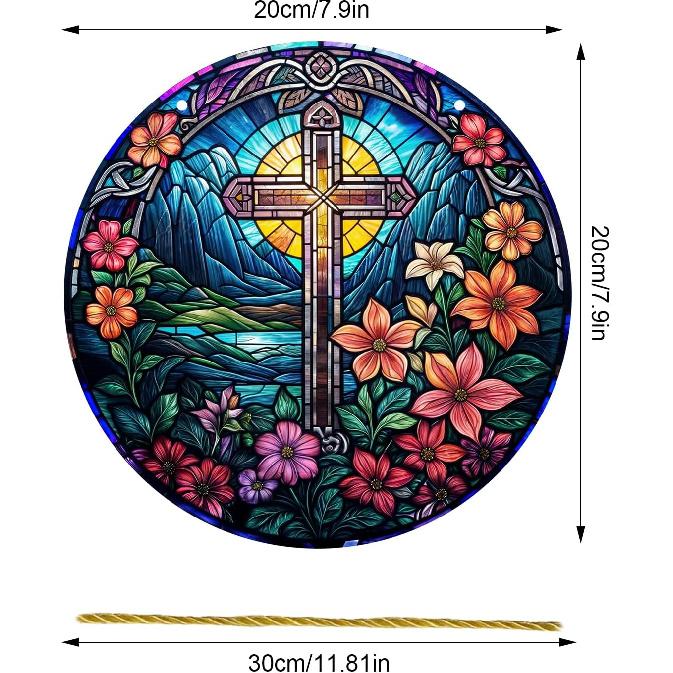 Yafuidil Acrylic Hanging - 1Pcs Wreath Cross Theme Round Stained Acrylic Hanging Ornament Window Hanging for Indoor Outdoor Decor, Garden Decoration