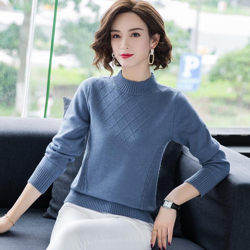 Checkered Semi High Neck Pullover Sweater for Women Loose Fit for Mothers Warm Long Sleeved Casual Knit Sweater Autumn and Winter