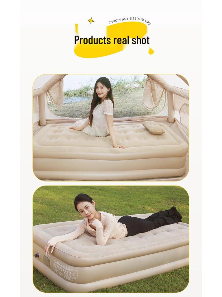 Samopompujący Beżowy Materac Powietrzny - Podwyższony, Pogrubiony, Składany na Kemping lub Przerwy na Lunch