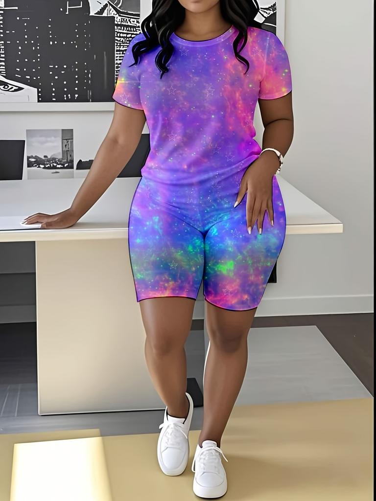 Sternenhimmel Damen Freizeitanzug Kurzarm-Shorts 1D Digitaler Blumendruck Mode T-Shirt Set