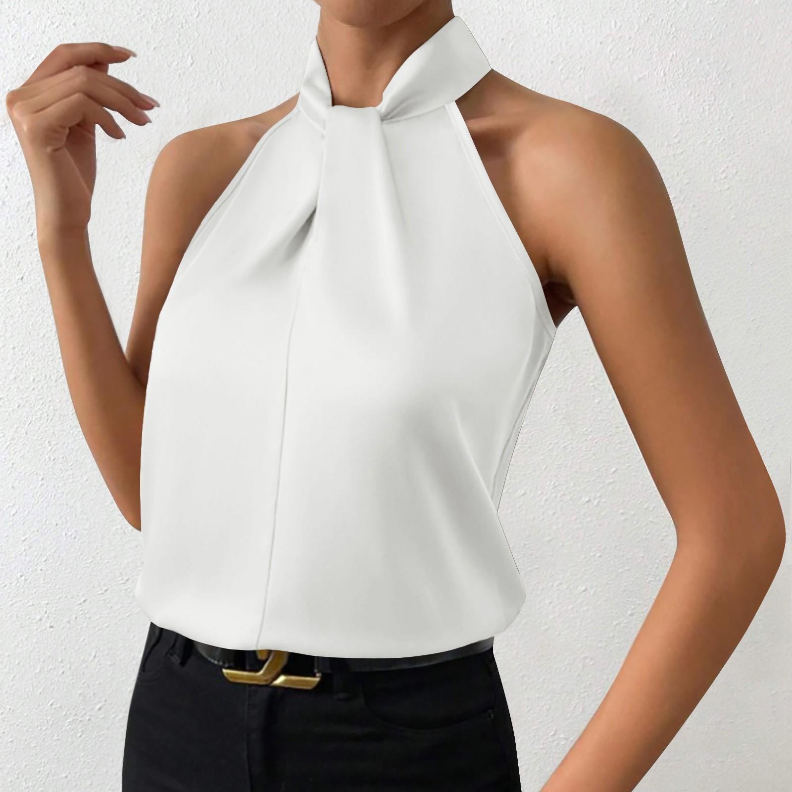 

Женская мода сплошной цвет шеи висит без рукавов сексуальный жилет топ XL белый