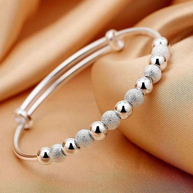 Trendy S925 Sterling Silver Bangles Bracelet Round Heart Open for Women Fashion Jewelry Adjustment Cuff Wedding