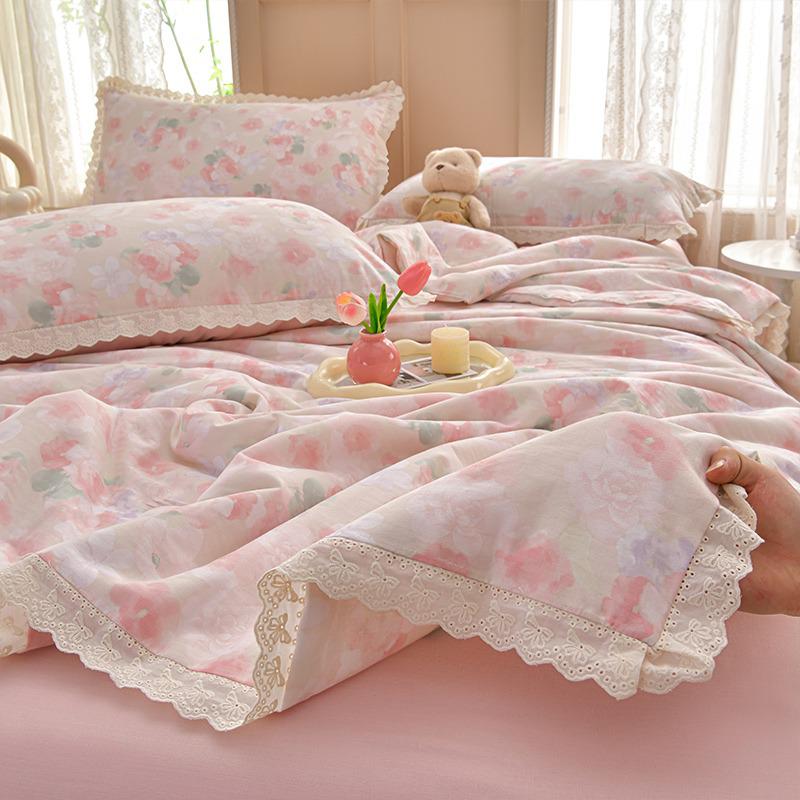 2026 Pure Cotton Double Gauze Lace Bed Skirt Summer Quilt: Cool Air Conditioning Four-Piece Set