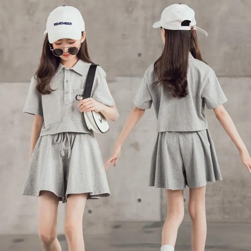 Mode Sommer Mädchen Freizeit Sport Kinder Mädchen Bekleidung Trainingsanzug Mädchen Zweiteiler Poloshirts Shorts Anzug Weicher Sport