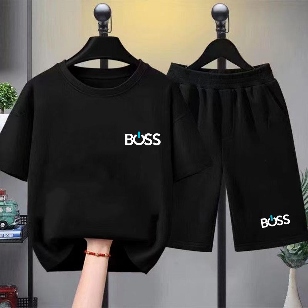 Children's summer short-sleeved printed T-shirt set, white and black T-shirt + shorts two-piece set.