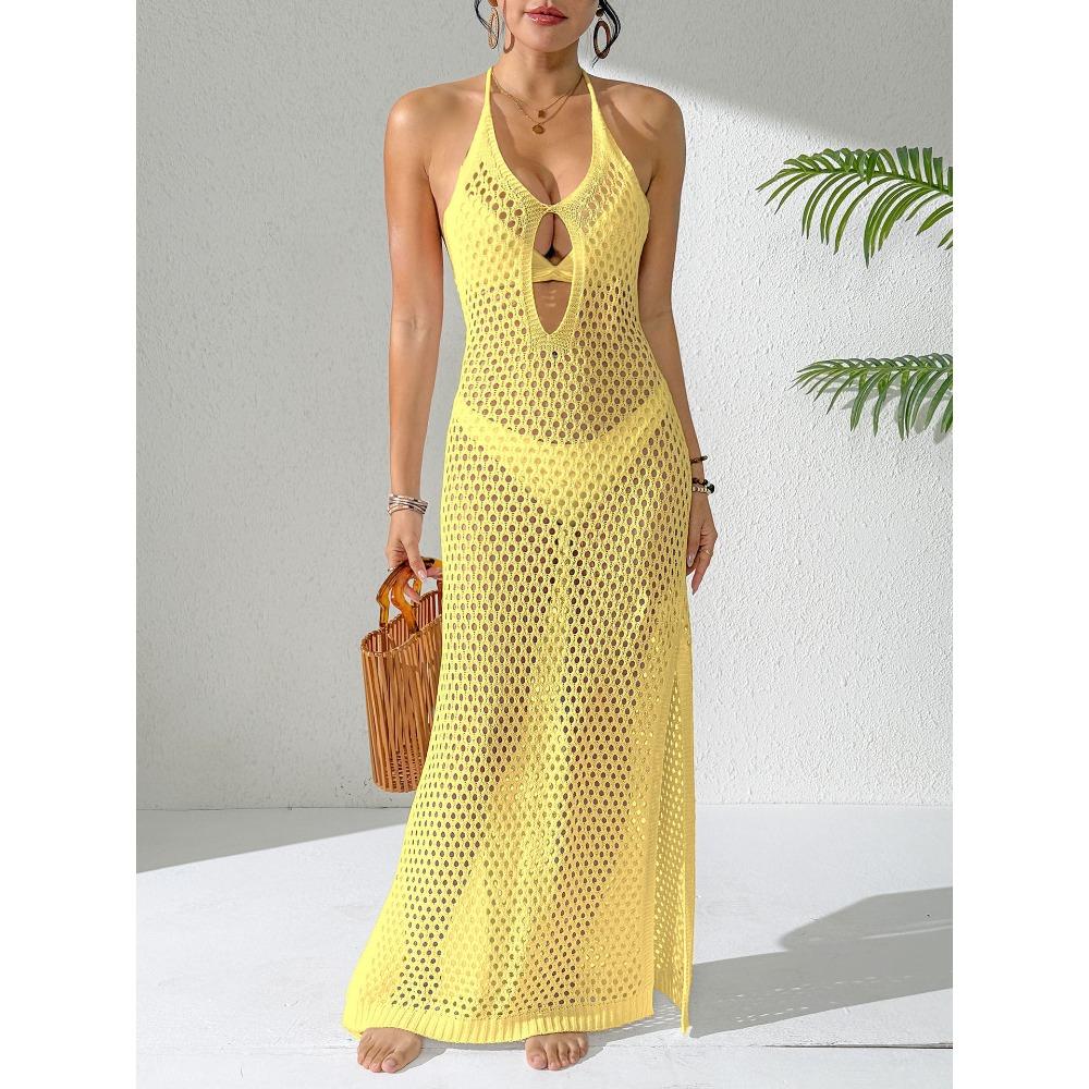 V-neck Fitted Backless Knitted Dress with Neck Strap Decoration and Open Side Slit Full-skirted Beach Dress for Women