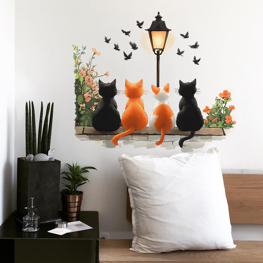 Creative Cats Street Lamp Flowers Wall Sticker Home Decor Decal for Living Room Bedroom Background Posters DIY Mural