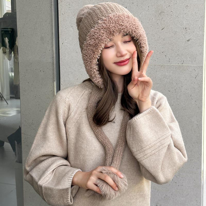 Plush Hat Solid Color Warm Knitted Hat Plush Ball Wool Hat Cute Hanging Ball Outdoor Hat Winter