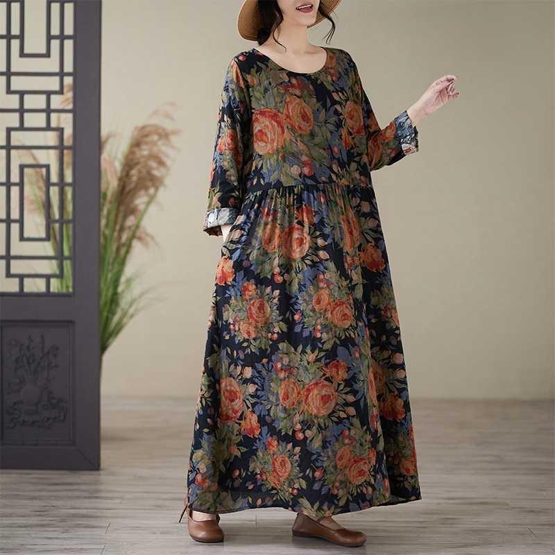 Printed Round Neck Loose Plus Size Long Sleeve Dresses for Women
