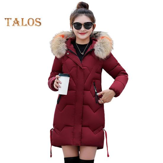 Winter Women Cotton Jacket with Furry Hood Neck Protection Pockets Mid Length Zipper Closure Padded Coat Solid Color Windproof Outwear Parka