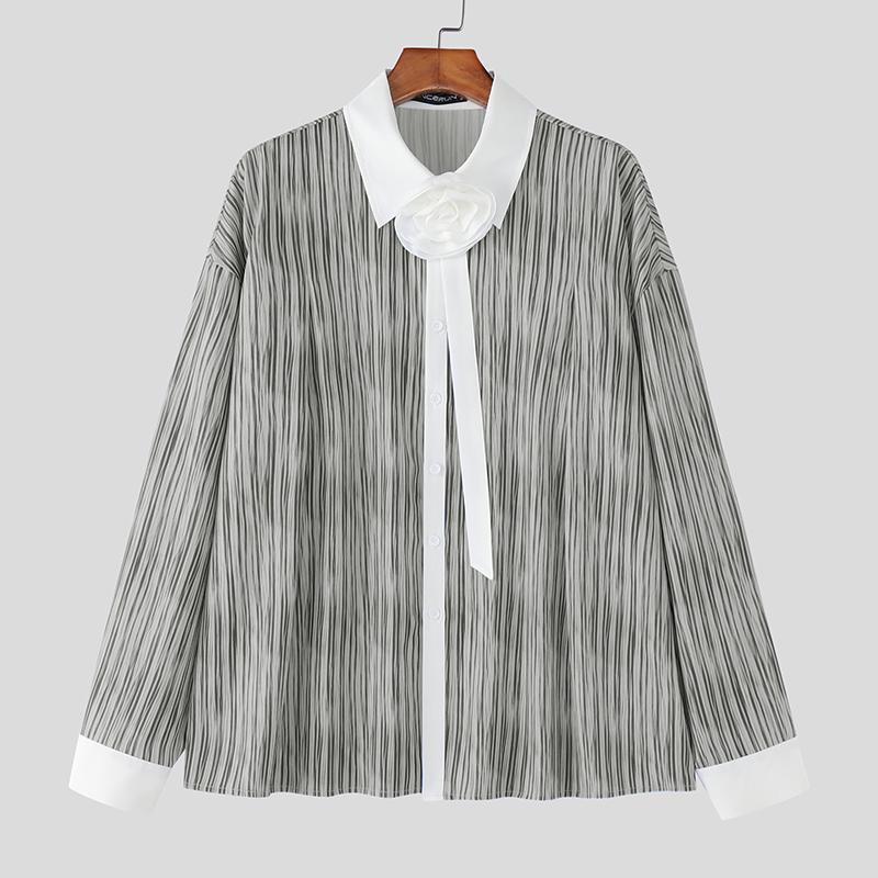 INCERUN Men Flower Lapel Neck Long Sleeve Buttons Striped Casual Loose Shirts Tops 4XL серый