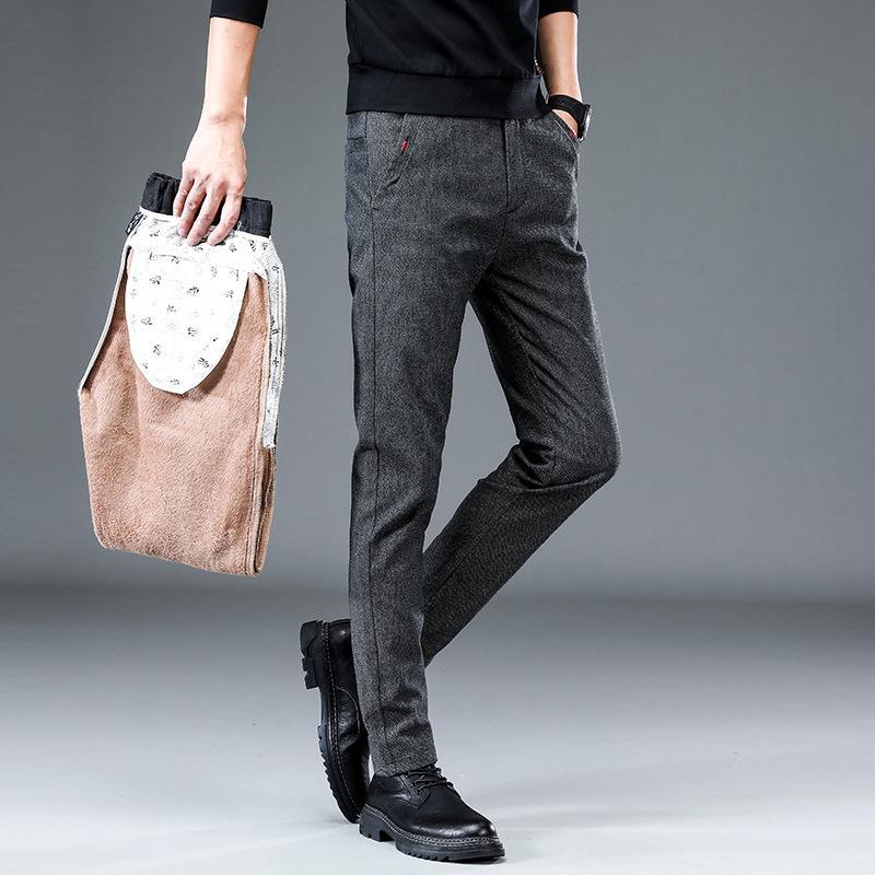 Pánské zimní silné teplé strečové ležérní kalhoty - plyšové, rovné, volného střihu, módní kalhoty