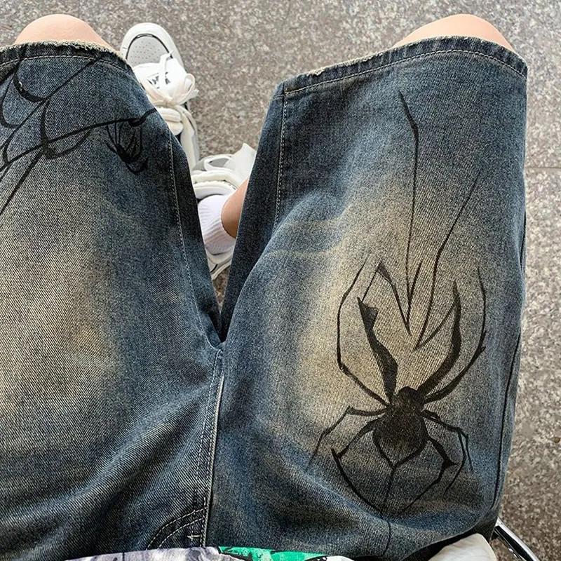 Y2K Streetwear Breeches Spider Cobweb Korean Harajuku Denim Hip Hop Short Pants Grunge Bermudas Jeans Shorts Men Clothes
