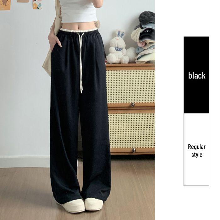 

Women s Summer Ice Silk Wide-Leg Drawstring Pants - Minimalist Color Block Design XL чёрный