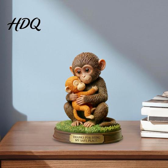 Decorative Monkey Statue Cute Figurine Small Baby Holding Plush Toy Animal Table Centerpiece Desktop Ornament for Living Room Bedroom Office
