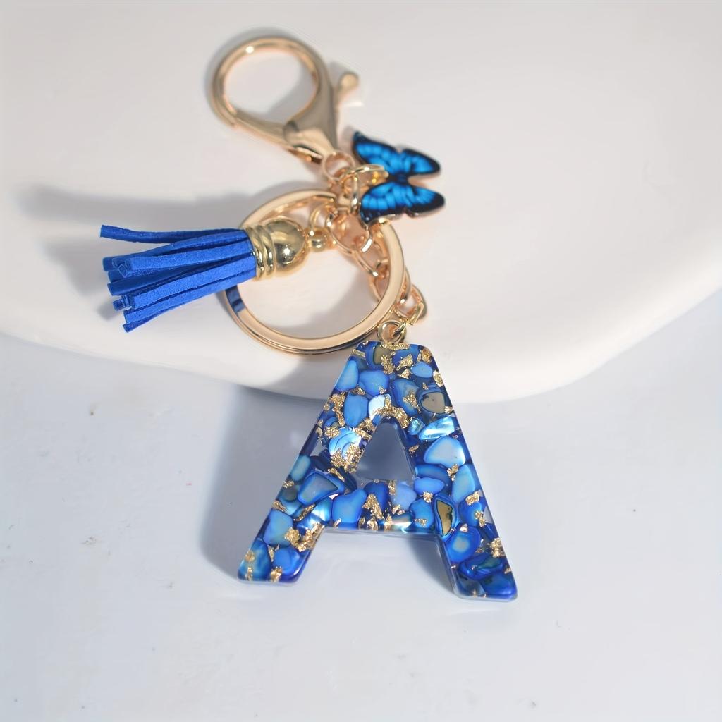 1pc Custom Blue Alphabet Letter Keychain with Butterfly Pendant Resin Ladies Key Ring with Tassel - Elegant Accessory for Bags Backpacks