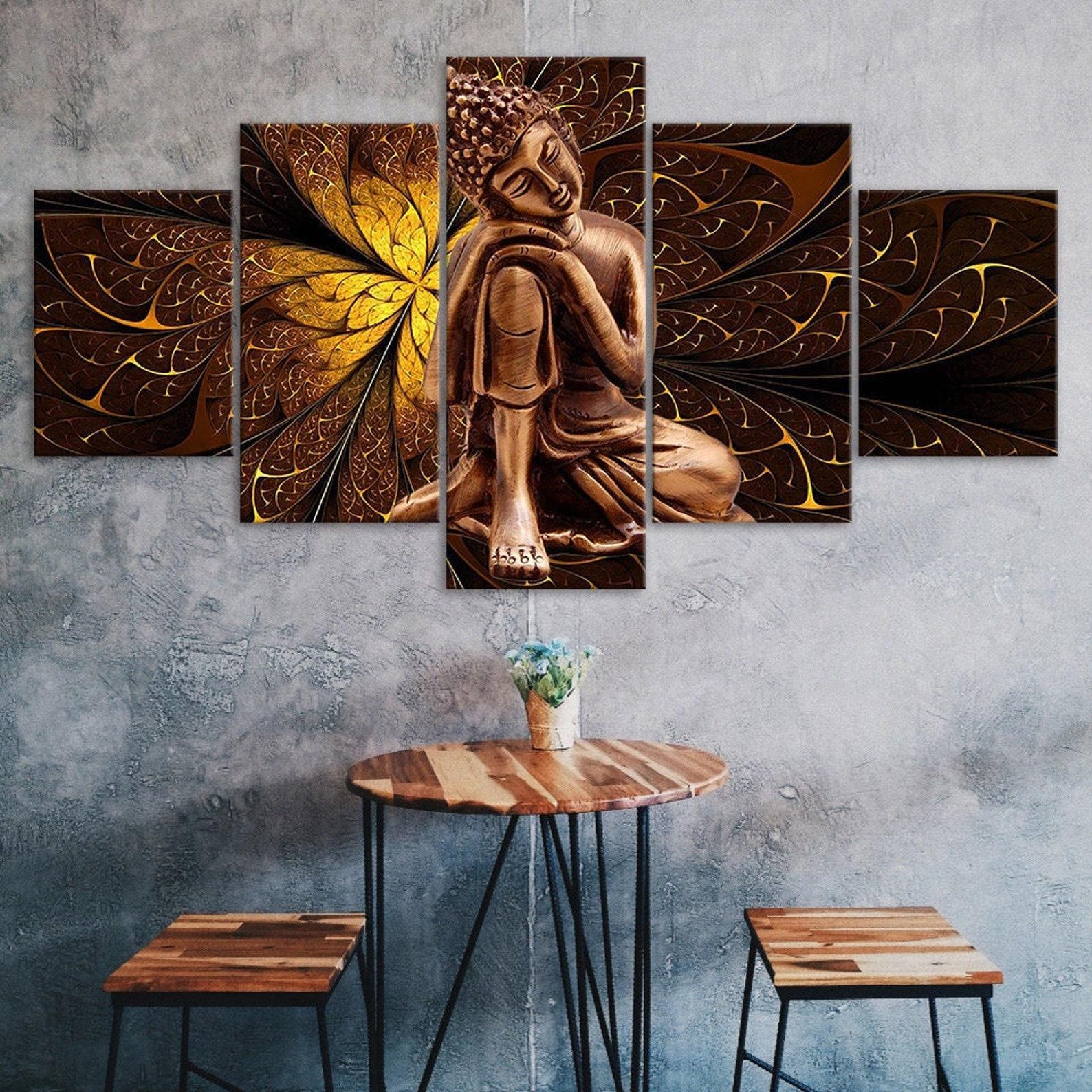 

Buddha Figure Golden Flower Scenery 5 Piece Five Panel Wall Canvas Print Modern Art Poster Picture Home Decor Gift For Him For Her 20X35 20X45 20X55CM