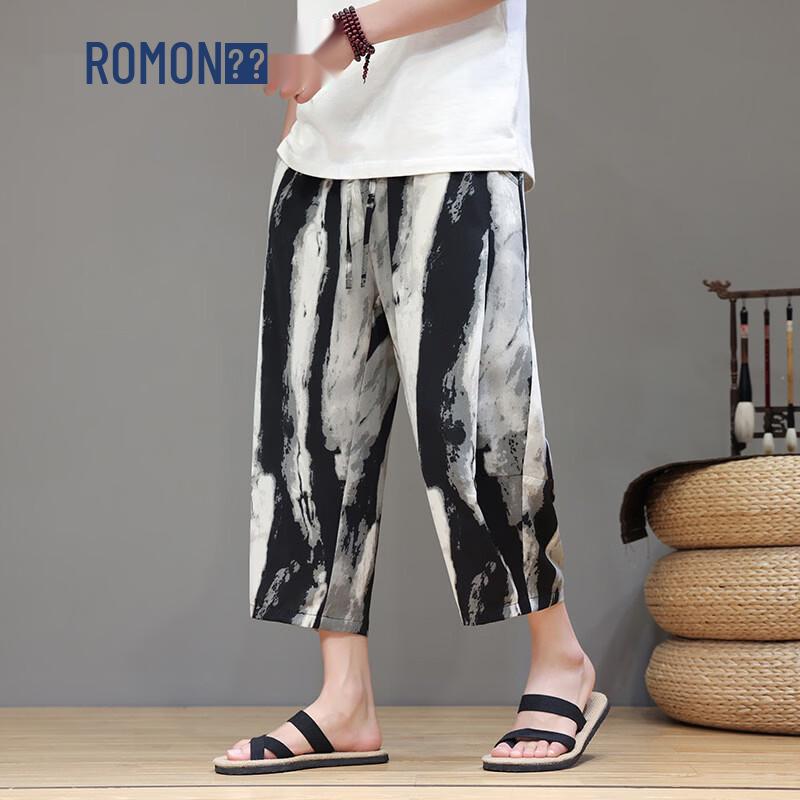 

ROMON Men s Chinese Style Casual Striped Cropped Pants L