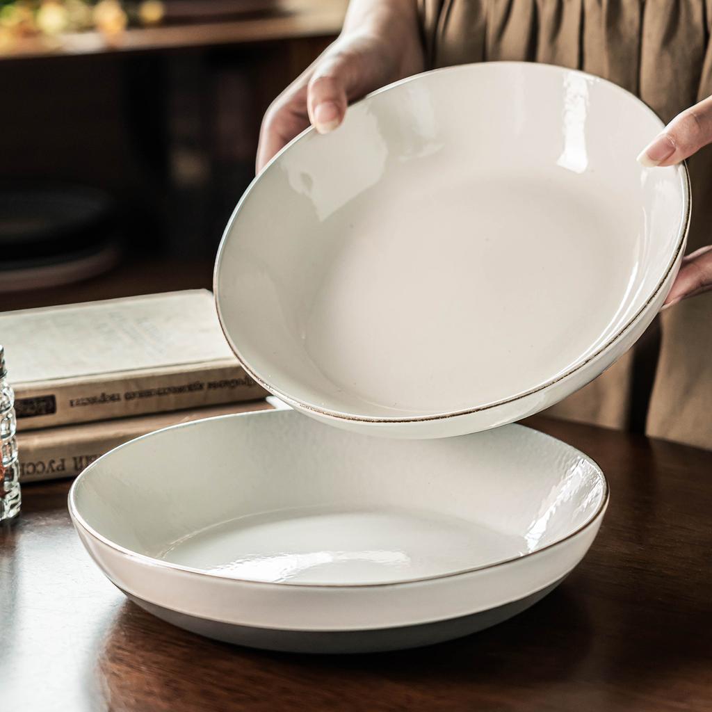 Large Plate Retro Style Deep Plate Ceramic Plate Home Restaurant Vegetable Plate Pasta Plate Salad Plate Tableware Coffee Bottom Plate