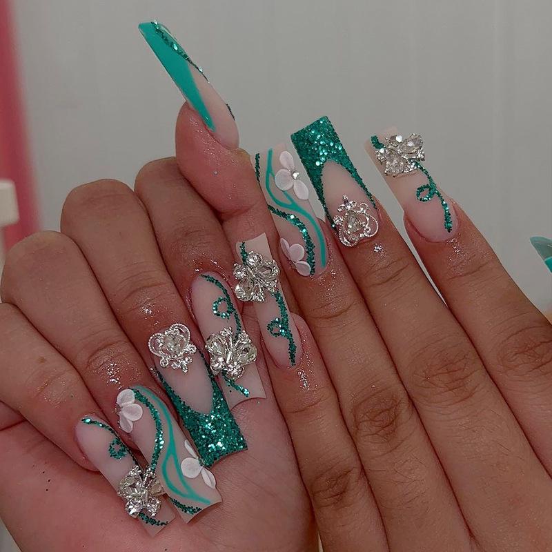 

Зеленые блестящие накладные ногти с цветочным дизайном - Супер блестящие длинные квадратные с золотистыми рельефными кончиками в виде скипетра Gel Cure Glue