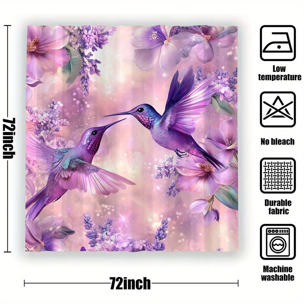 Waterproof Hummingbird Shower Curtain With 12 Hooks - Purple Floral Pattern Print Art Bathroom Decor - Machine Washable