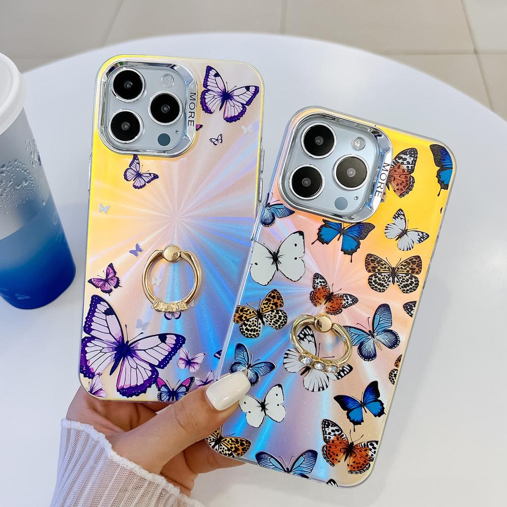 Electroplated Laser Butterfly for Apple 16E Mobile Phone Case Ring Holder for IPhone15promax Hard Case