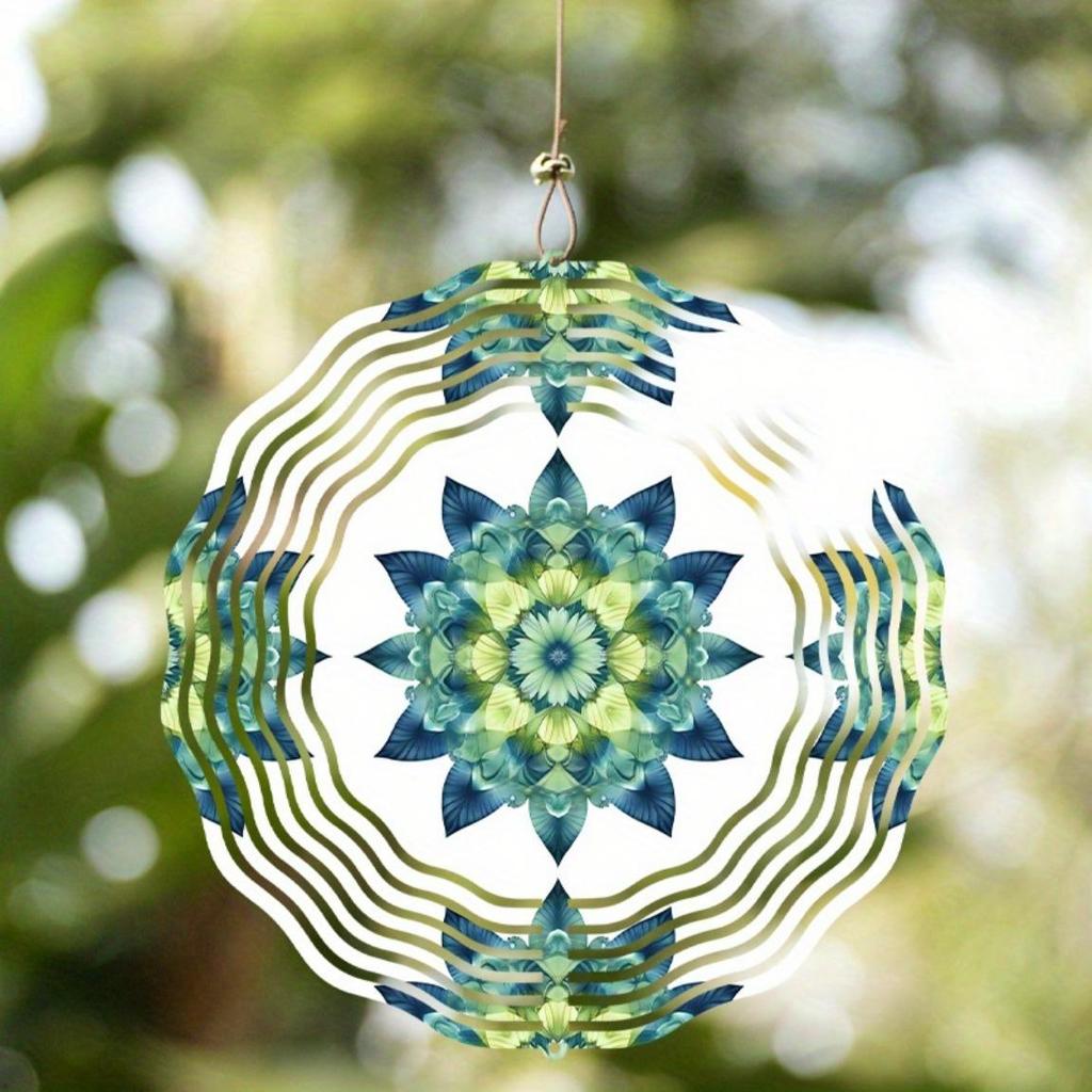 Lebhaftes Petrolblau 10 Zoll Mandala Blume Windspiel Metall Hängedekor für Garten Balkon Alle Jahreszeiten 360 Grad Haken Außendekor
