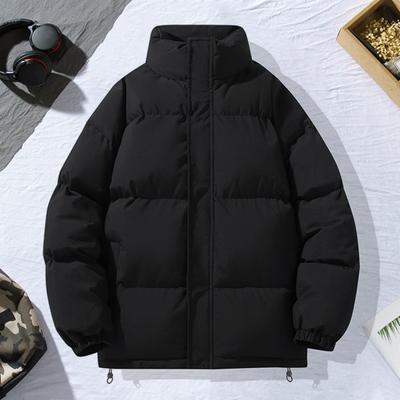 Men Winter Coat Stand Collar Long Sleeve Zipper Closure Solid Color Puffer Outwear with Two Side