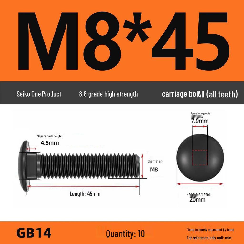 High-Strength Grade 8.8 Carriage Bolts: Round Head, Square Neck, M6-M16 Sizes for Shelf and Bridge Frames