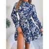 Robe Florale pour Femme Élégante Col Montant Floral Taille Marquée Manches Longues Volants Jupe A-Ligne