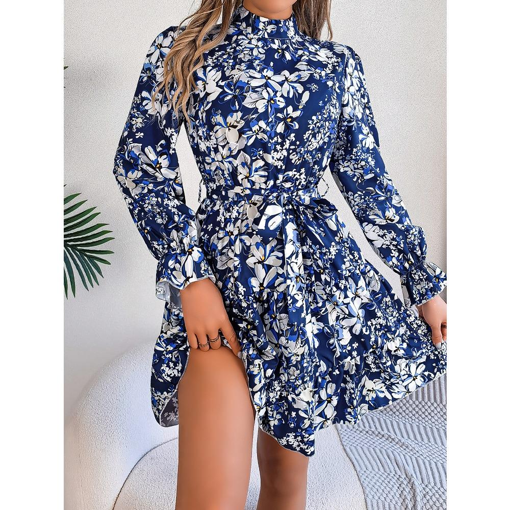 Robe Florale pour Femme Élégante Col Montant Floral Taille Marquée Manches Longues Volants Jupe A-Ligne