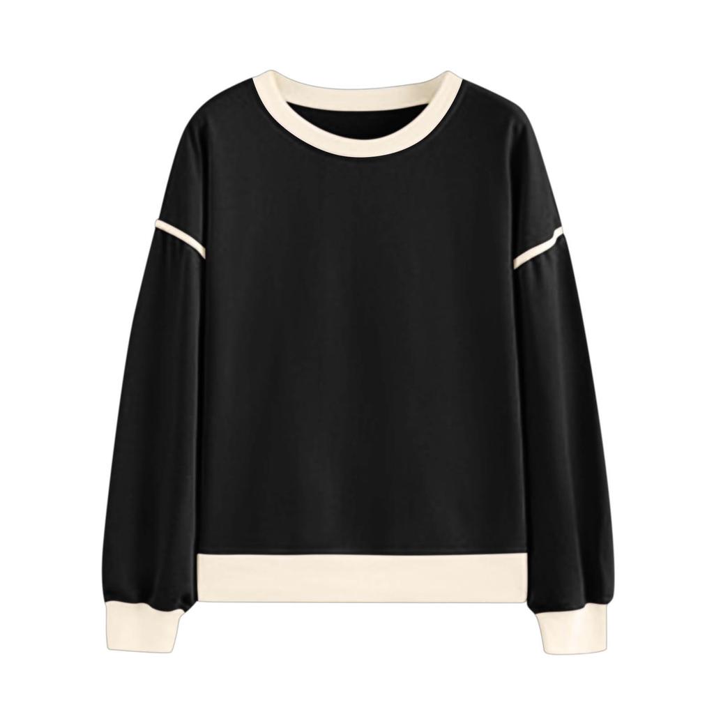 Women's Fashionable Round-Neck Wool Blend Long-Sleeve Color-Blocked Oversized Top