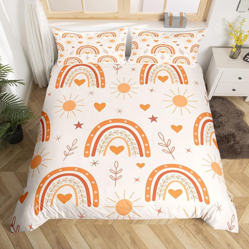 Rainbow Comforter Cover Watercolor Hand Drawn Duvet Cover Cartoon Raindrop Kawaii Bedding Set Girl Crown Love Hearts Quilt Cover