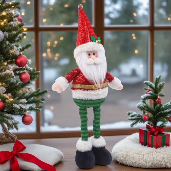 Christmas Plush Doll with Retractable Legs Handmade Standing Snowman Santa Claus Plush Toy Xmas Winter Holiday Party Decoration Ornament