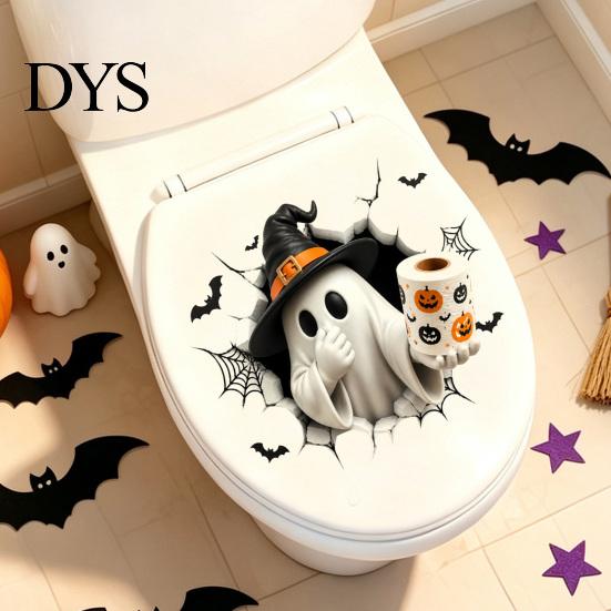 Waterproof PVC Bathroom Art Halloween Toilet Seat Cover Stickers, Scary 3D Crack Ghost Skeleton Cute Lid Wrap Tank Decals, Horror Wall Sticker