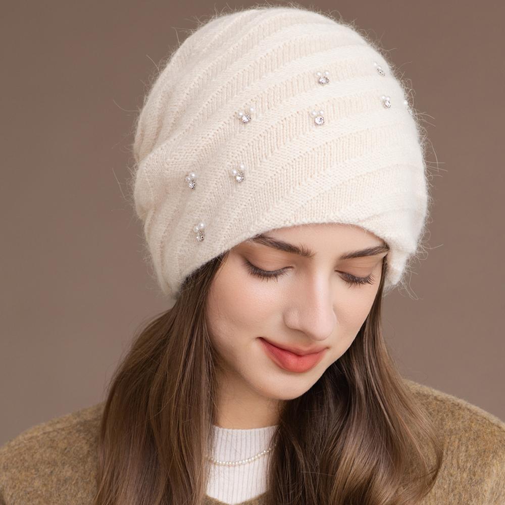 New Women Winter Hat Decorate Beanie Hat Circular Winding Style Rabbit Fur Blend Warm Winter Cap Y2K Female Outdoor Knitted Hat
