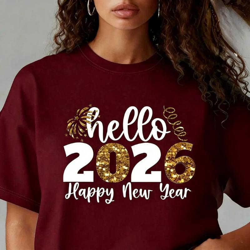 2026 Hello Womens TShirt Womens Happy New Year Pattern Print TShirt Top Summer Loose Casual Round Neck Short Sleeve TShirt