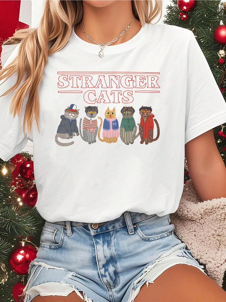 Stranger Cats Printed Unisexs Inspiration Tshirt Shortsleeved Top White Light SpringSummer Casual Party Outfit