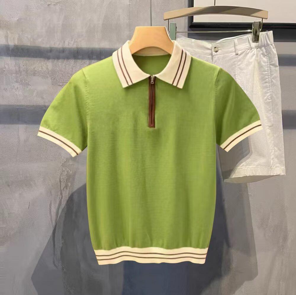 

Мужская футболка-поло с коротким рукавом из ледяного шелка в корейском стиле на молнии до половины M зелёный