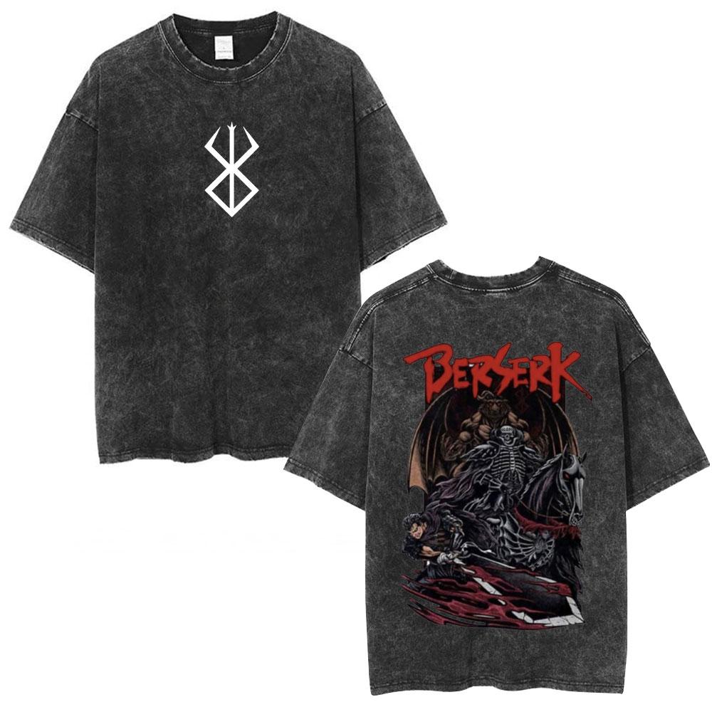 Japanese Anime Berserk Guts Vintage Washed T Shirt Griffith Swordsman Gatsu Sacrifice Zodd T-shirts Unisex Cotton Casual T-Shirt